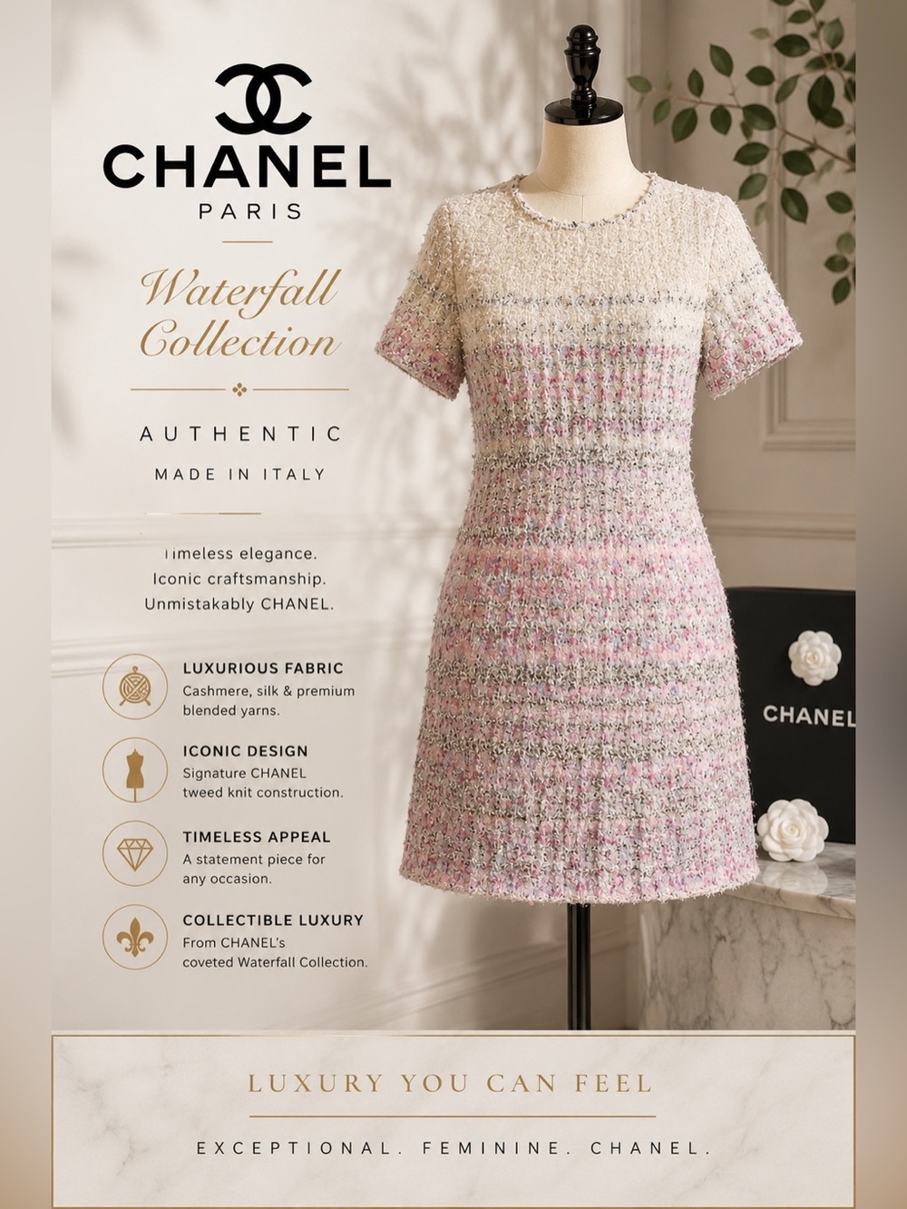 Authentic CHANEL Waterfall Collection Tweed Knit Dress Size 36 Made Italy Pink